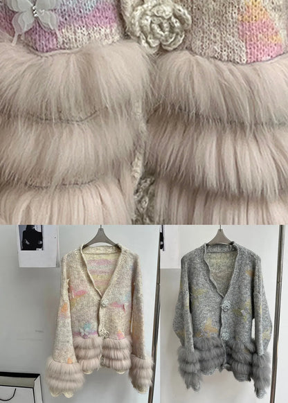 Modern Light Grey V Neck Fur Cotton Knit Cardigans Spring