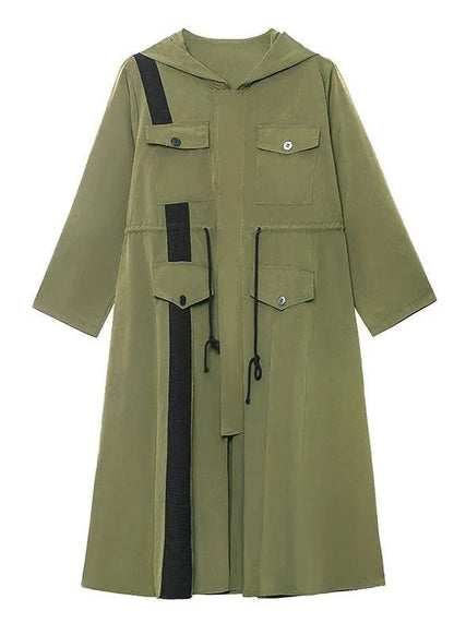 Army Green Pockets Patchwork Button Zippered Fall Tie Waist Hooded Coat Long Sleeve