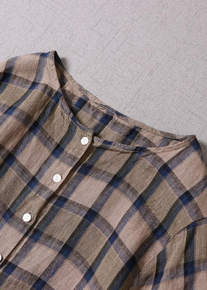 Unique Khaki Plaid Patchwork Pockets Button Fall Long Sleeve Dresses