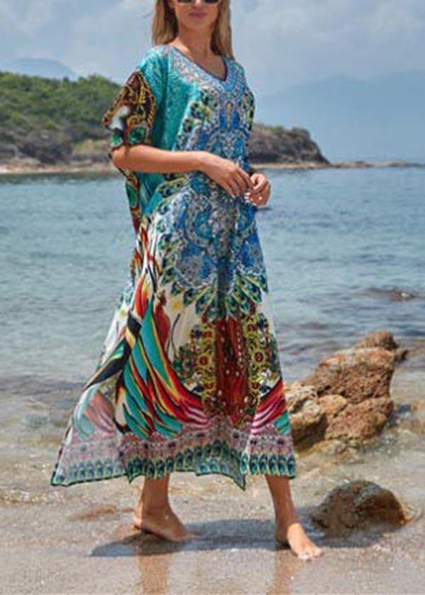 Blue Print Cotton V Neck Beach Gown Ankle Dress