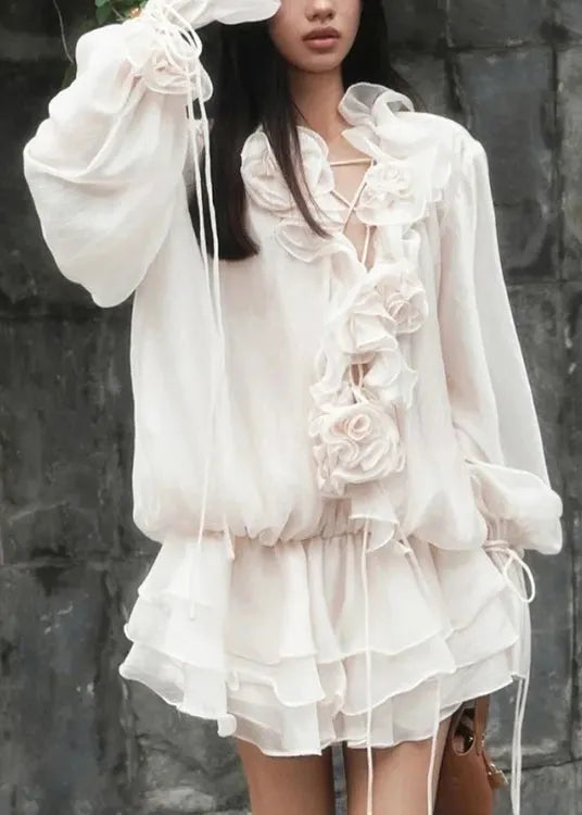 Korean Style Three-dimensional Flower Ruffled Lantern Sleeve Dress