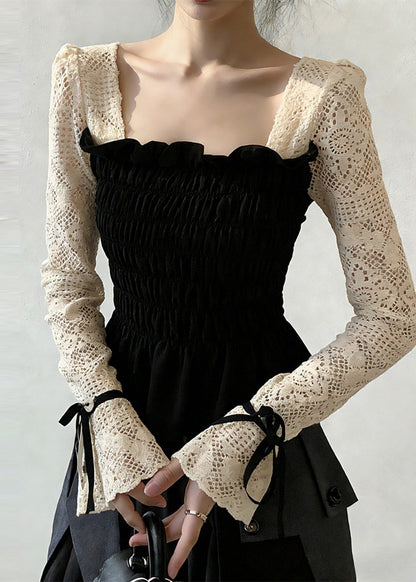 Black Square Collar Patchwork Cotton Shirt Tops Flare Sleeve