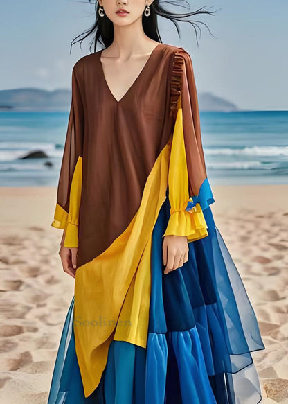 Colorblock Ruffled Chiffon Patchwork Cotton Dress Long Sleeves