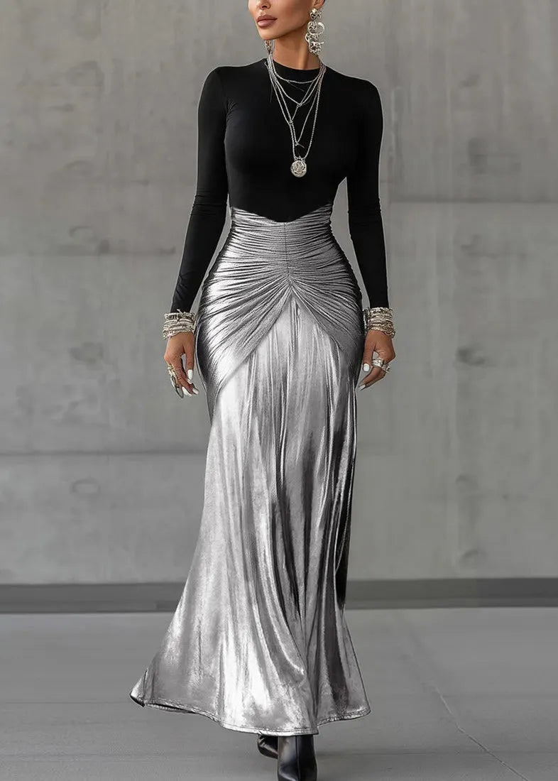 Slim Fit Black Wrinkled Patchwork Long Dresses Spring