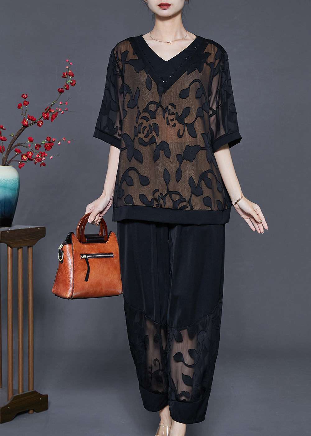Black Patchwork Silk Two Pieces Set Hollow Out Summer