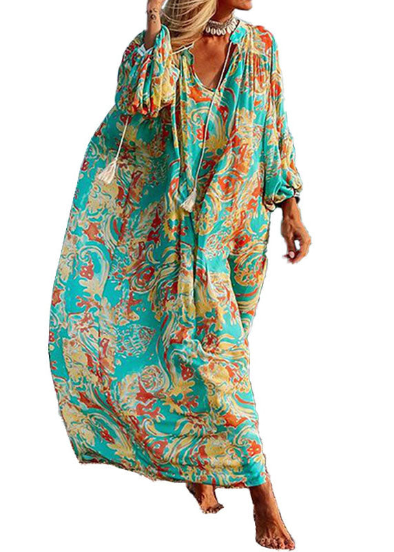 Green Oversized Print Cotton Loose Beach Dresses Long Sleeve
