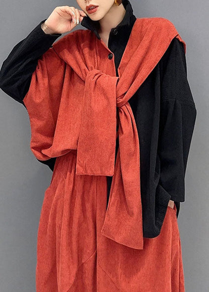 Stylish Orange Patchwork Black Asymmetrical Cape Top and Harem Pants Two Pieces Set Long Sleeve