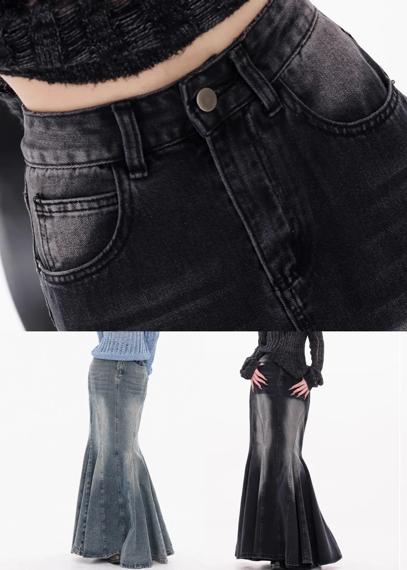 Blue Button Original Design Fishtail Denim Skirts High Waist Fall