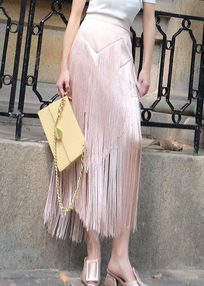 Pink Zip Up Tassel Patchwork Skirt Spring