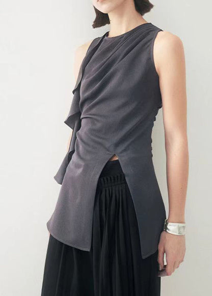 Original Grey O-neck Ruffled Patchwork Side Open Top Sleeveless