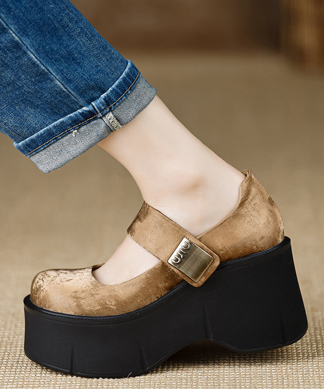 Handmade Buckle Strap Splicing Wedge High Heels Black Silk