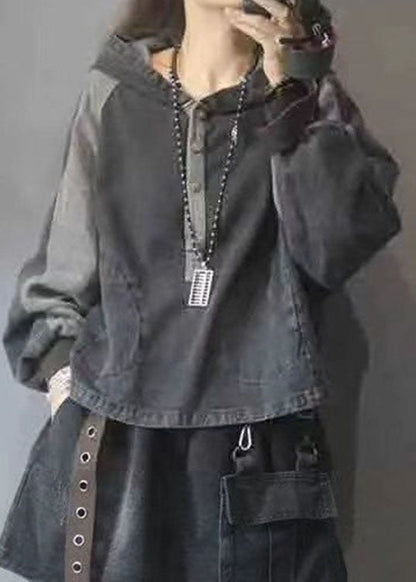 Black Hooded Patchwork Button Fall Denim Pullover Street Wear