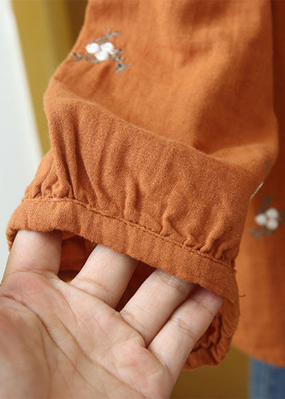 Orange Embroideried Button Cotton Blouse Long Sleeve