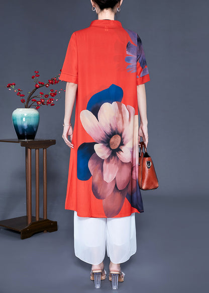 Red Chinese Button Print Silk Two Pieces Set Summer