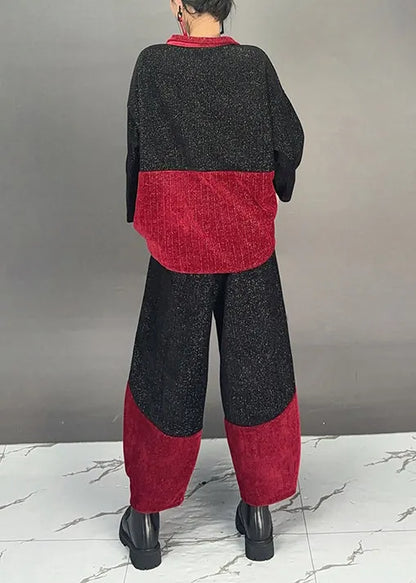 Black Patchwork Tops and Pants Cotton Two Pieces Set Fall
