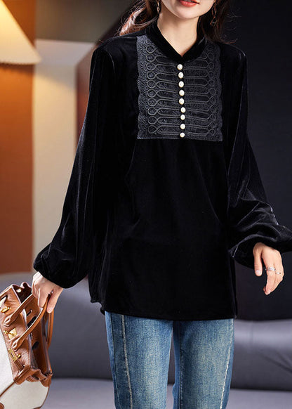 Vogue Black O-neck Nail Bead Patchwork Silk Velour Top Fall