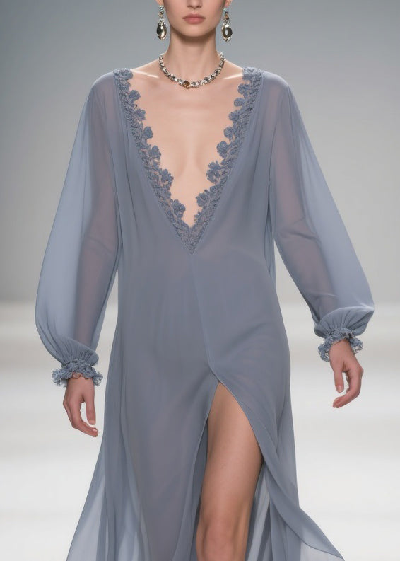 Original Design Blue Lace Side Open Long Dress Lantern Sleeve