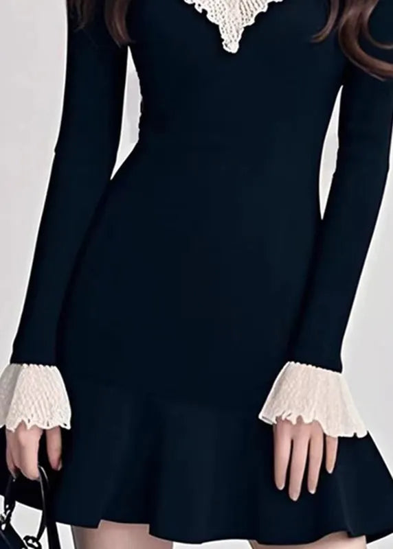 Natural Black V Neck Patchwork Knit Mid Sweater Dress Fall