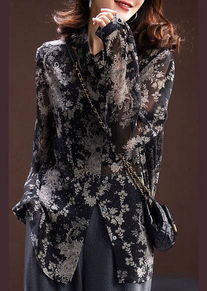 Loose Black Square Collar Print Zircon Chiffon Top Fall