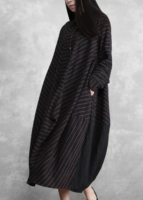 Natural Black Striped Linen Dresses Spring Gown