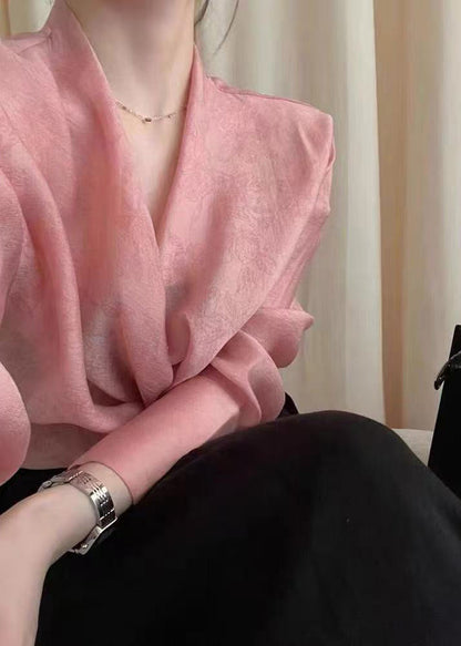 Pink Asymmetrical Jacquard Chiffon Top Fall