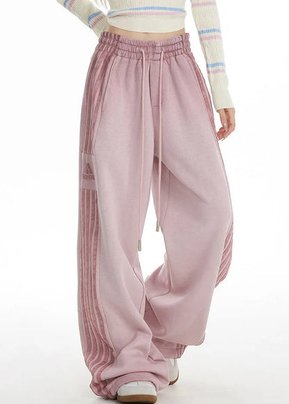 Pink Striped Elastic Waist Wide Leg Pants Spring