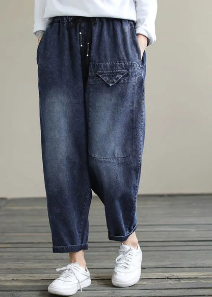 Denim Blue High Waist Loose Spring Cinched Work Outfits Wild Trousers