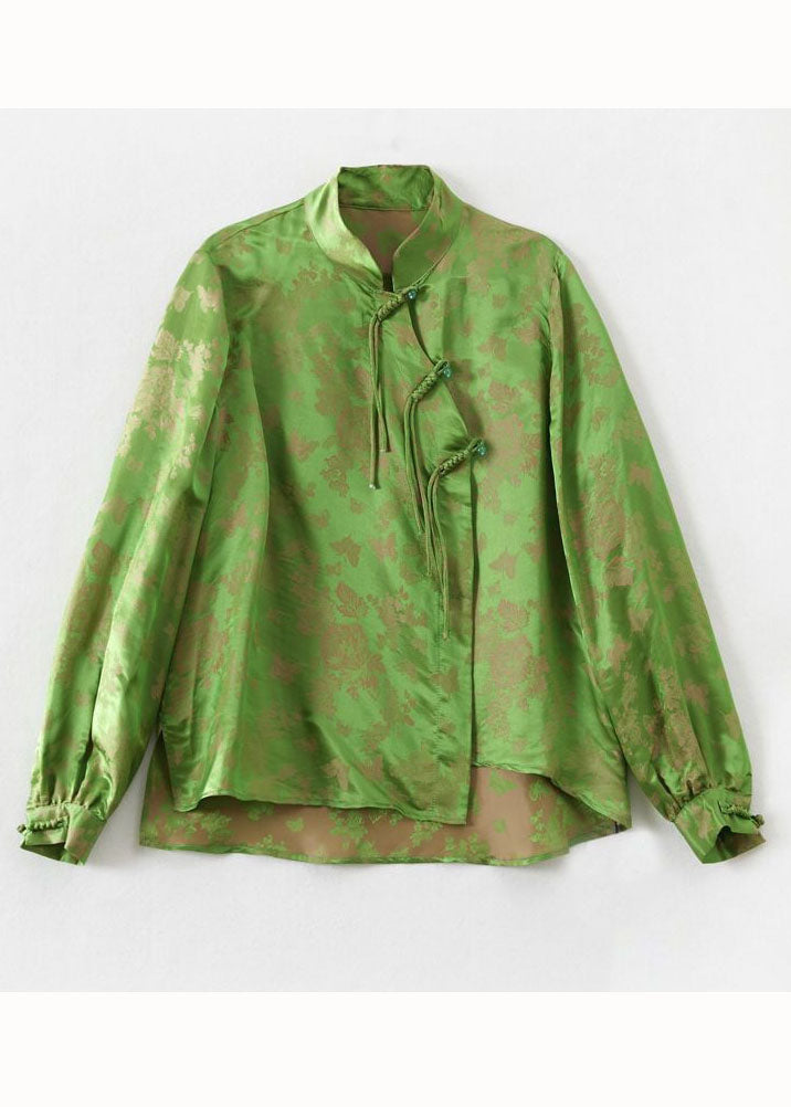 Green Tasseled Chinese Button Jacquard Patchwork Silk Shirt Spring