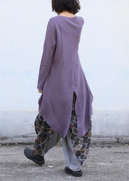 Purple Clothes O Neck Knitted Blouse Drawstring Asymmetric
