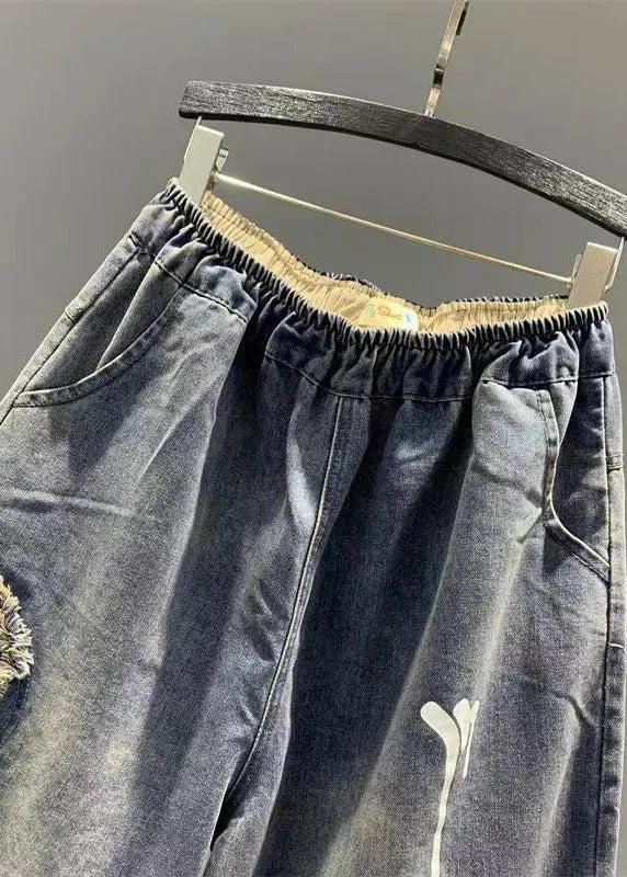 Diy Blue Pockets Patch Elastic Waist Denim Pants Summer