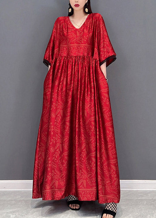 Red Chinese Style Silk Long Dress Wrinkled Short Sleeve Fall
