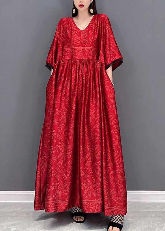 Red Chinese Style Silk Long Dress Wrinkled Short Sleeve Fall