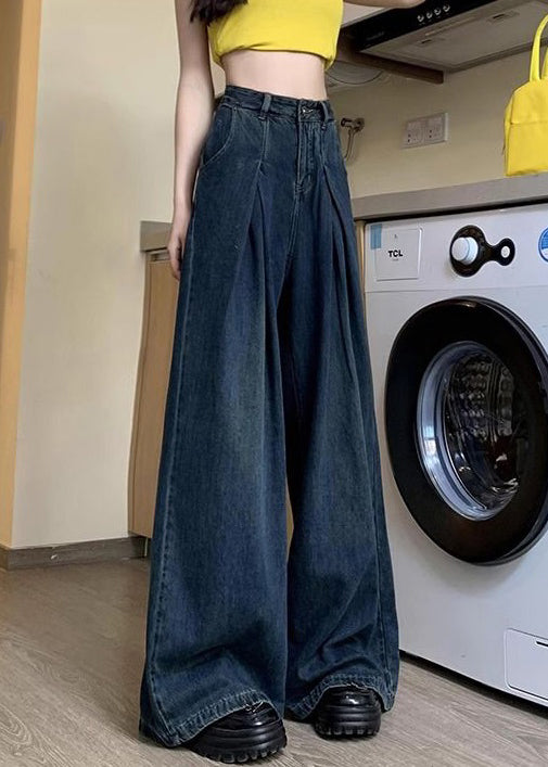 Denim Blue Button Pockets Denim Wide Leg Pants Summer