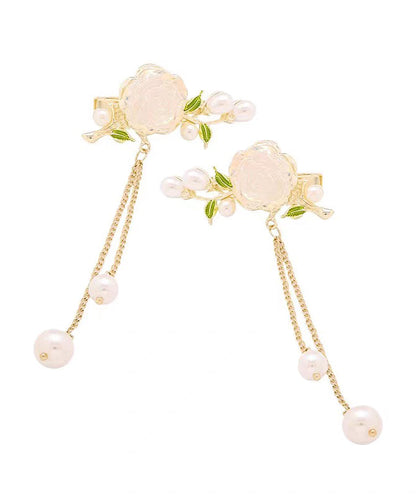White Alloy Colored Glaze Camellia Pearl Tassel a Pair Hairpin