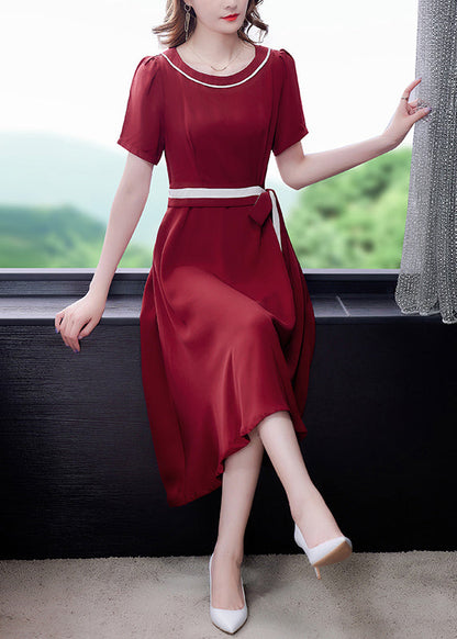 Mulberry O-neck Tie Waist Exra Large Hem Silk Long Dress Short Sleeve