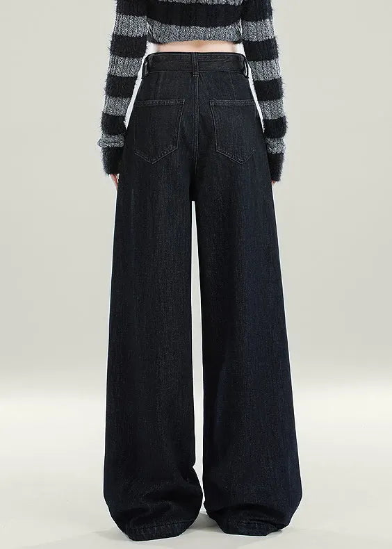 Original Design Black Sashes High Waist Warm Fleece Jeans