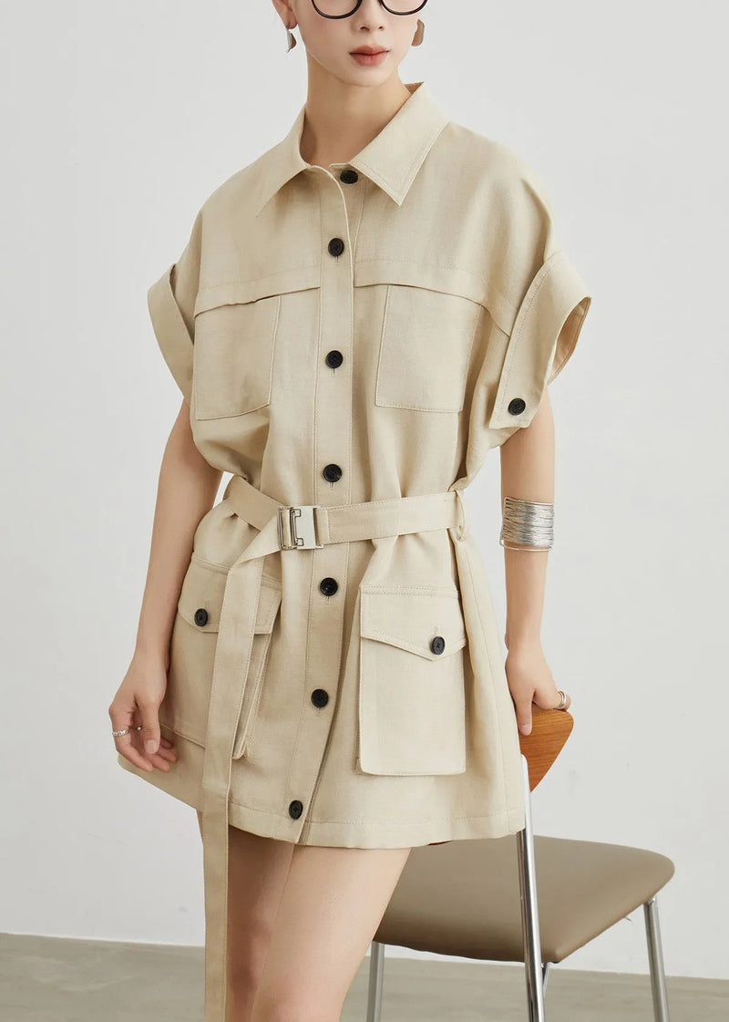 Khaki Peter Pan Collar Pockets Sashes Cotton T Shirts Dresses Summer