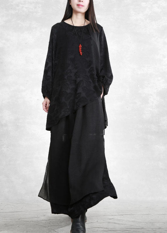 Black Asymmetrical Design Jacquard Silk Two Piece Set Spring