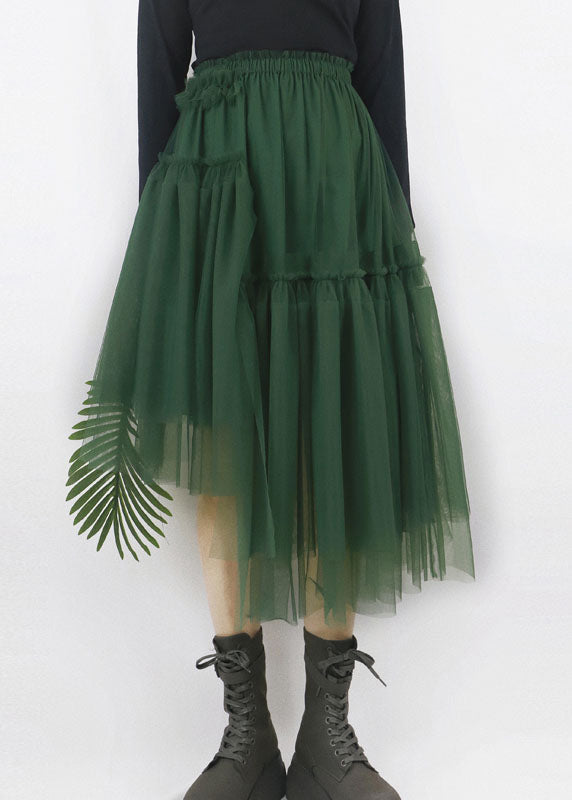Green High Waist Asymmetrical Patchwork Tulle Pleated Skirt Summer