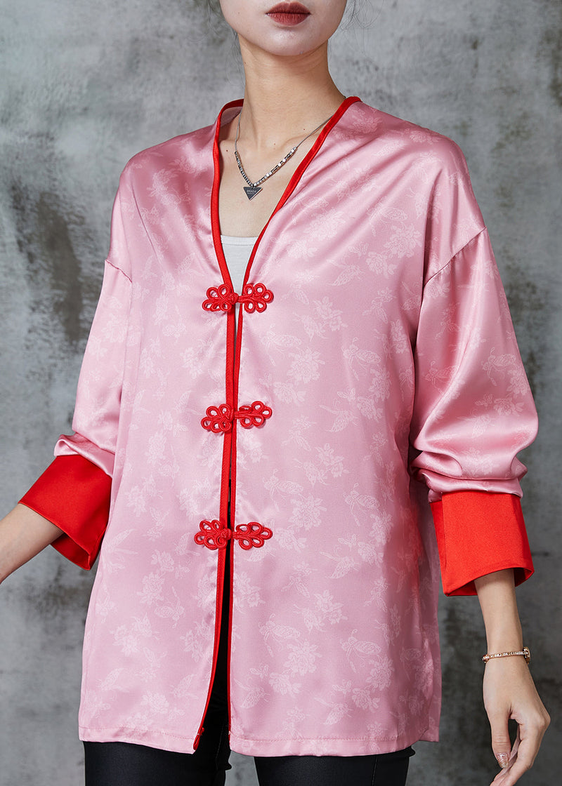 Pink Chinese Button Print Silk Blouse Tops Spring