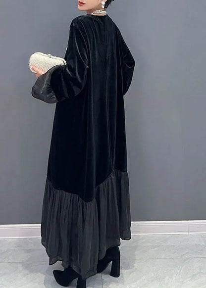 Black Tulle Patchwork Silk Velour Maxi Dress Fall
