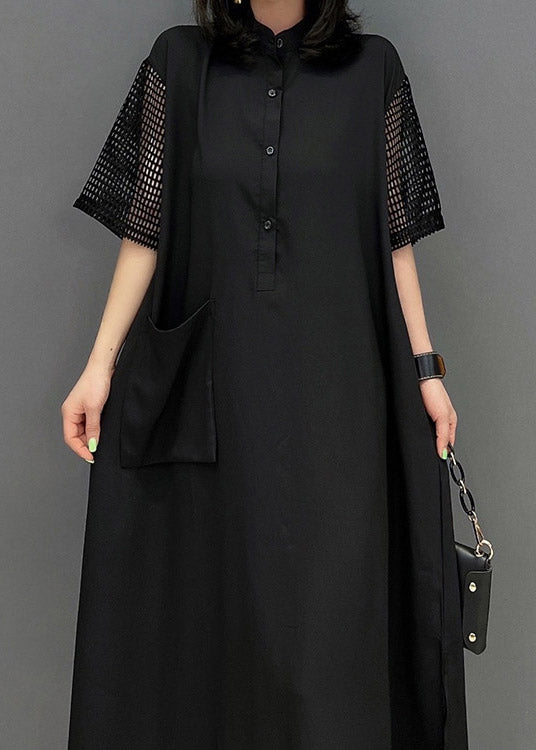 Boutique Black O-neck Button Pockets Side Open Dress Short Sleeve