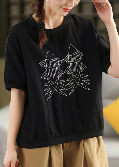 White O Neck Embroidered Loose Linen T Shirts Summer