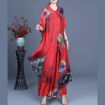 Summer Loose Silk Red Print Coat + Two Piece Pants