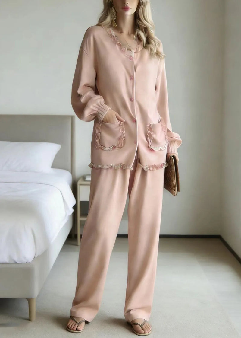 Pink Ruffled Patchwork Pajamas Two Piece Set Long Sleeve