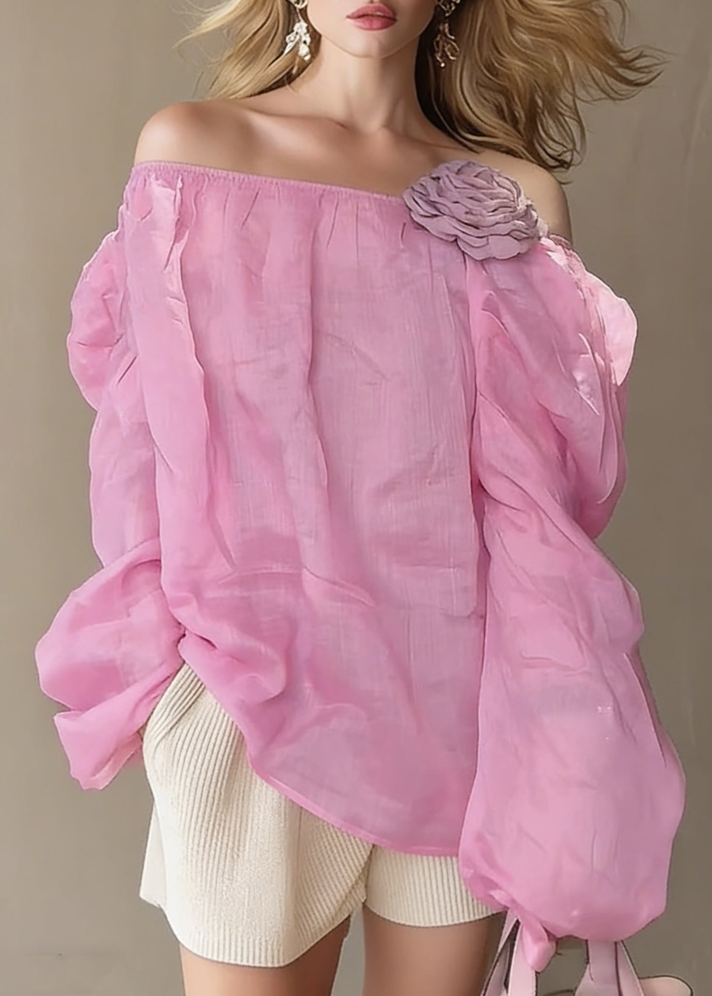 Loose Pink Slash Neck Cotton Blouses Spring
