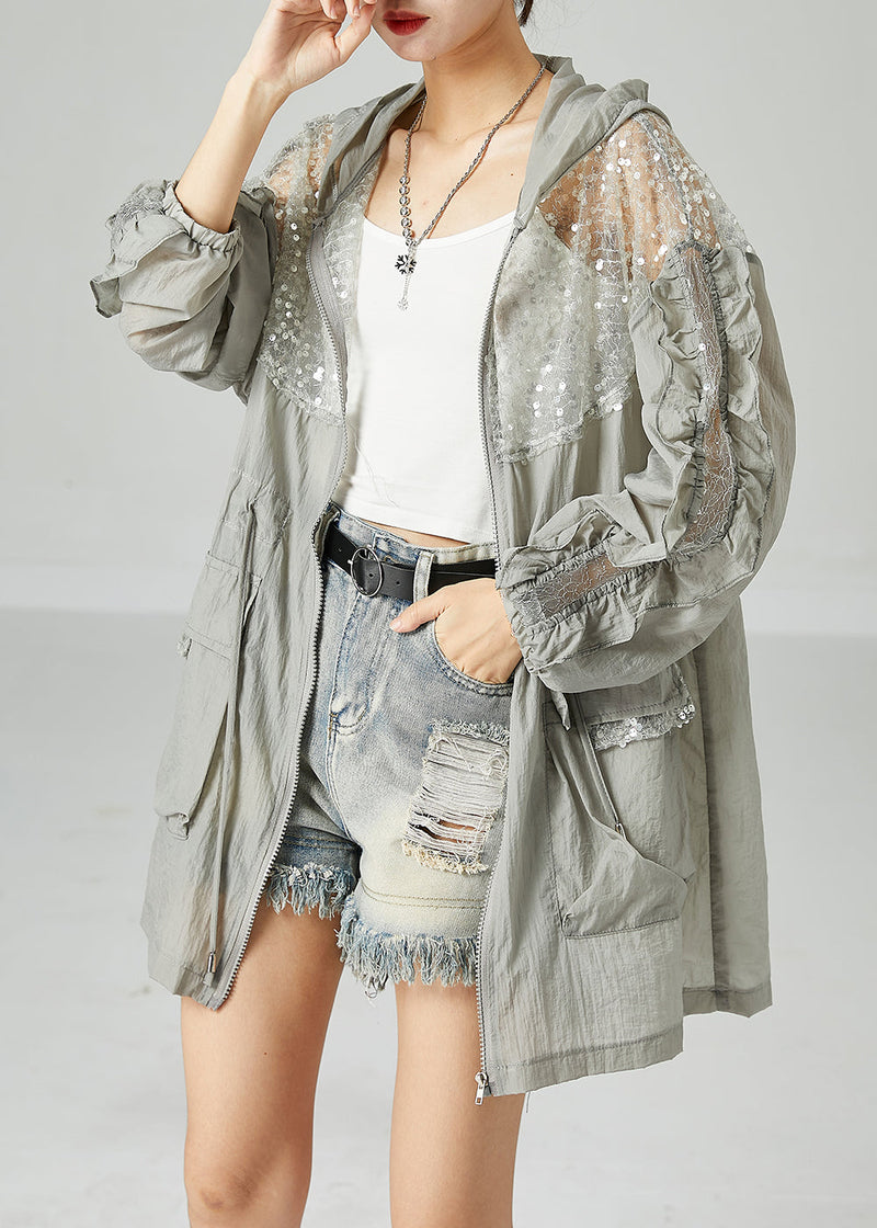 Grey Hooded Sequins Patchwork Drawstring Upf 50+ Coat Jacket Summer