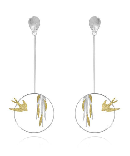 Unique Silk Sterling Silver Little Bird Leaf Drop Earrings