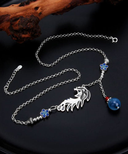 Blue Sterling Silver Cloisonne Phoenix Tassel Pendant Necklace