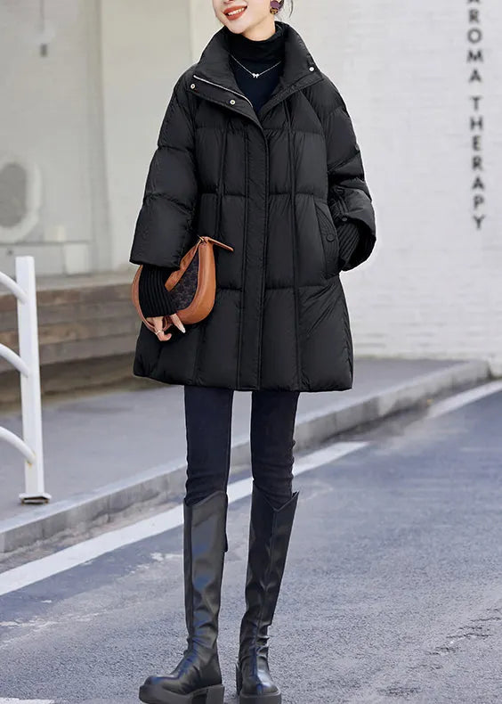 Black Stand Collar Drawstring Duck Down Puffer Jacket Winter